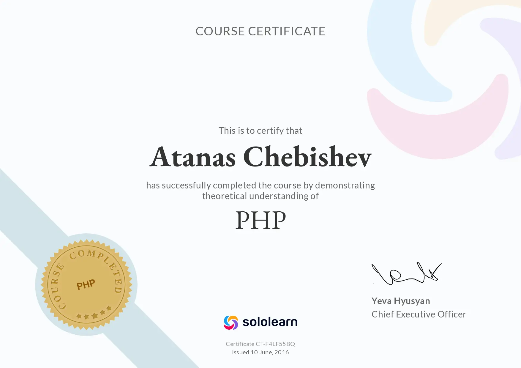Sololearn PHP certificate